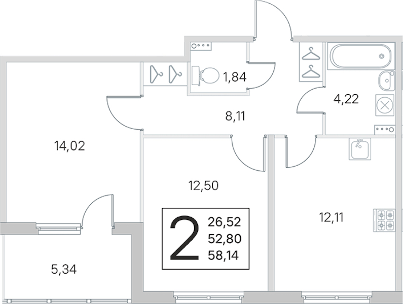 2-комнатная квартира 52.8 м², 2/4 эт., ЖК «Любоград в Стрельне»